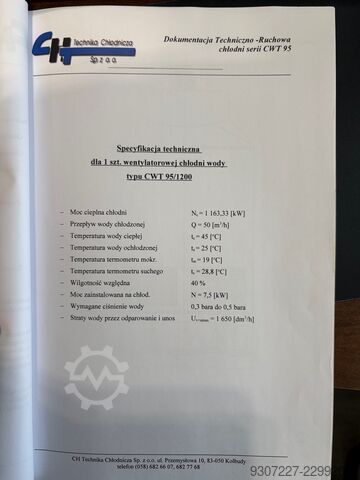 Ftohës me ventilator për ujë, radiator CH Technika Chłodnicza Sp.z o.o. CWT 95/1200