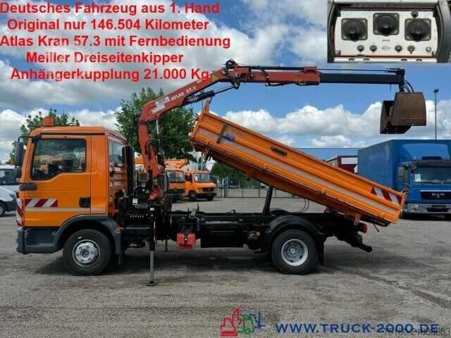 Three-sided tipper truck MAN TGL 12.220 Meiller Atlas Kran 5+6 Steuerk 146TKM