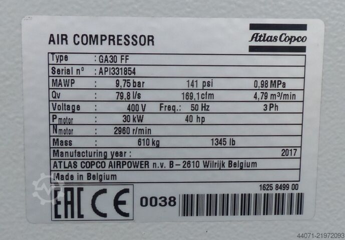 Skrūvju kompresors GA30FF Atlas Copco GA30FF