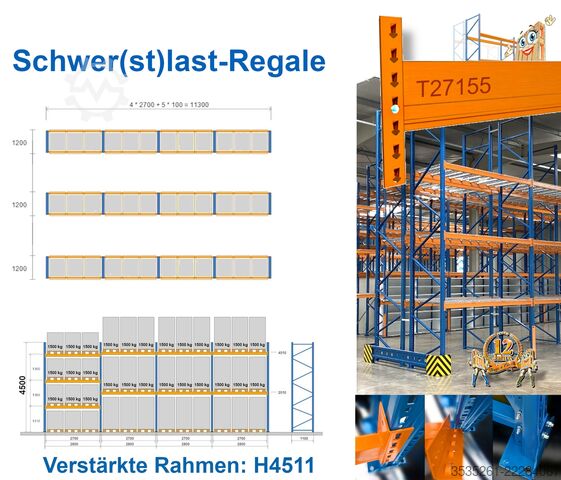 Kệ để pallet 3 x 11 m Schwerlastregal, 4,5 m hoch 15 Rahmen, 54 Traversen 4,5 t / Ebene