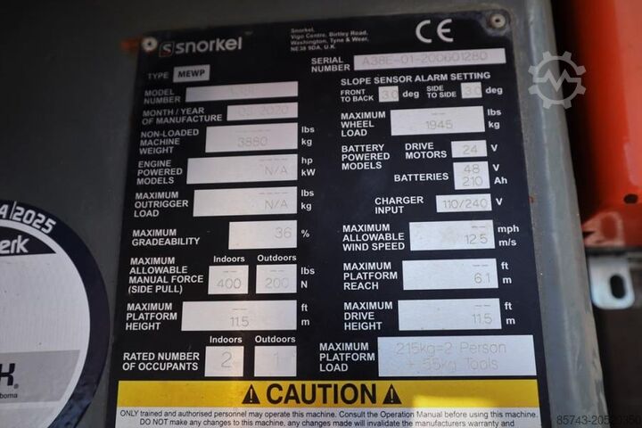 Ledad teleskopisk arbetsplattform Snorkel A38E Valid Inspection, *Guarantee! Electric, 13.5m