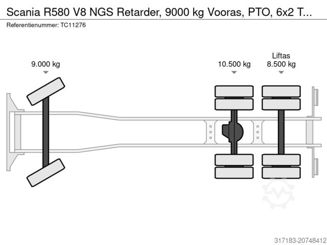 Alusta ja ohjaamo Scania R580 V8 NGS Retarder, 9000 kg Vooras, PTO, 6x2