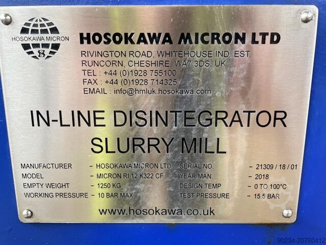 Hosokawa Micron Model Micron RI12K322CF In-Line Disintergreting Slurry Mill HOSOKAWA RI12K322CF