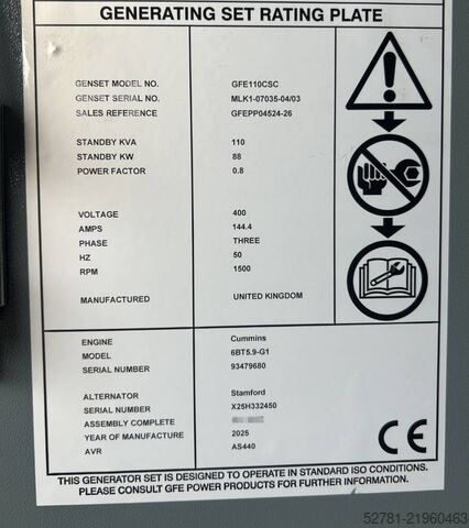 Agregado Cummins 6BT5.9-G1 - 110 kVA Generator - DPX-25105