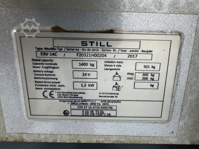 EXV 14 C * تجريبي * إيه تي إي إكس EX * ميرتي 2G / المنطقة 1 & 3D / المنطقة 22 * بطارية جديدة !! STILL EXV 14 C * DEMO * Atex EX * Miretti 2G / Z1 & 3D / Z22 * NEW battery !!