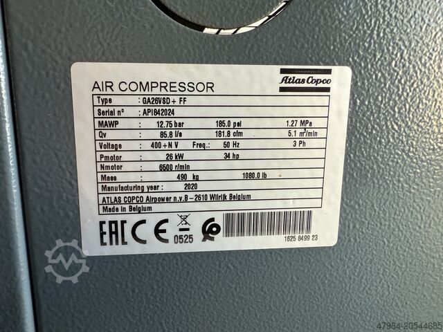 Screw air compressor ATLAS COPCO GA 26 VSD+FF