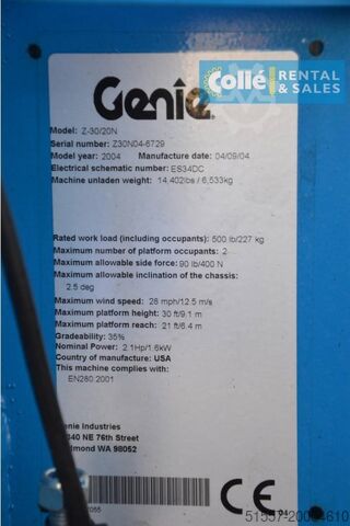Plataforma de trabalho telescópica articulada Genie Z-30/20N | 2004
