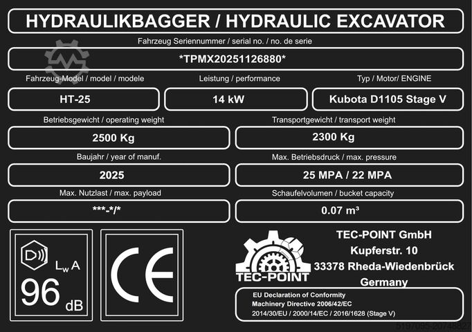 Profesjonalna minikoparka klasa 2,5 t Tec-Point GmbH - Motor Kubota D1105 HT25P mit Stahlketten - Heizung + Klima