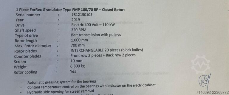 Cisaille rotative Forrec Granulator - FMP 100/70 RP