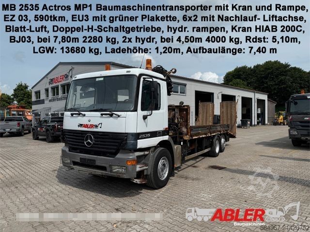Dépanneuse MERCEDES-BENZ 2535 Actros MP1 Baumaschinentrans. KRAN + RAMPE