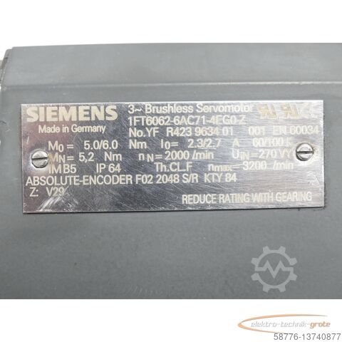 Moteur Siemens Siemens 1FT6062-6AC71-4EG0-Z Synchronservomot. SN YFR423963401001 Z = Typens.
