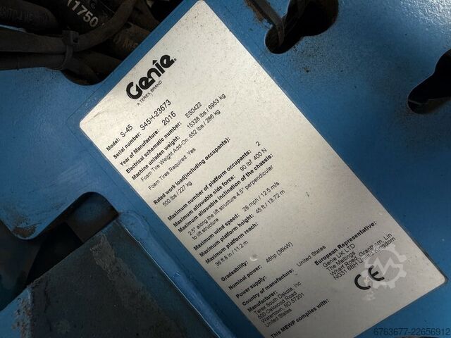 GENIE S-45 บูมหรือรถกระเช้าทำงานแบบแขนยืดไกล (Telescope Boom Lift) ขับเคลื่อน 4x4 เครื่องยนต์ดีเซล D GENIE S-45 Telescoop hoogwerker / boomlift  4x4 DEUTZ DIESEL 4545uur 15,7M Werkhoogte 2016