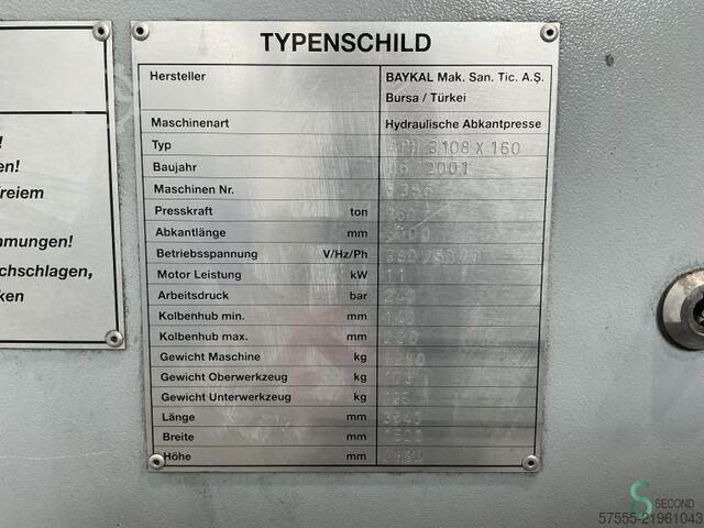 Máy chấn tôn Baykal APH 3108 x 160, năm 2001 Baykal APH 3108 x 160