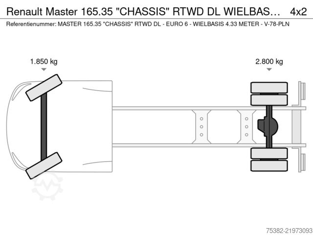 Podwozie z kabiną Renault Master 165.35 "CHASSIS" RTWD DL WIELBASIS 4.33 ...