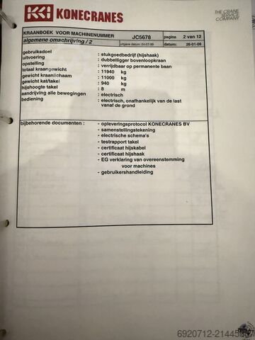 คานคู่ 18,800 มม. x 20 ตัน Konecranes Dubbelligger Bovenloopkraan