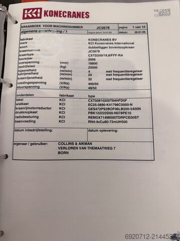 คานคู่ 18,800 มม. x 20 ตัน Konecranes Dubbelligger Bovenloopkraan