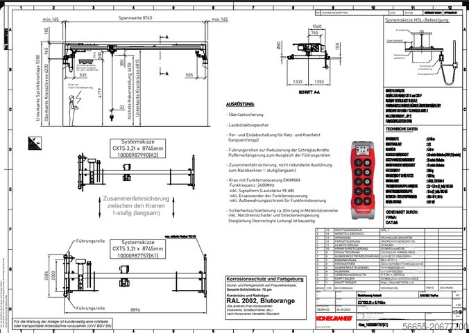 เครนในอาคาร เครนบนราง ความกว้างช่วง 8.9 เมตร Konecranes 2*3,2t CXTS Einträgerbrückenkran