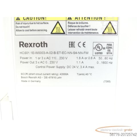力士乐组件 Rexroth HCS01.1E-W0003-A-02-B-ET-EC-NN-S4-NN-FW MNR: R911340075 SN:7260408660288