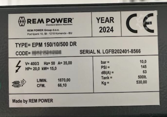 Screw compressor REM Power EPM 150/10/500 DR
