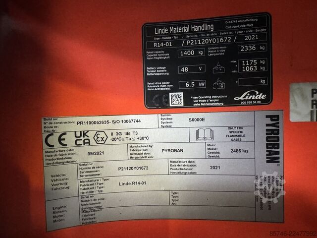 R 14 - * Atex EX * Pyroban 3G / Zone 2 * Triplex FFL !! NYT batteri !! LINDE R 14 -  * Atex EX * Pyroban  3G / Zone 2 * Triplex FFL  !! NEW battery !!