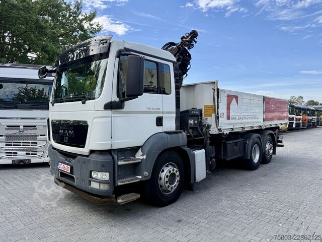 Flatbed truck MAN TGS 26.400 6X2 Kipper mit Kran Hiab 166-3