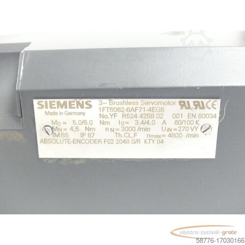 Siemens motor Siemens 1FT6062-6AF71-4EG5 Synchronservomotor SN:YFR524425802001
