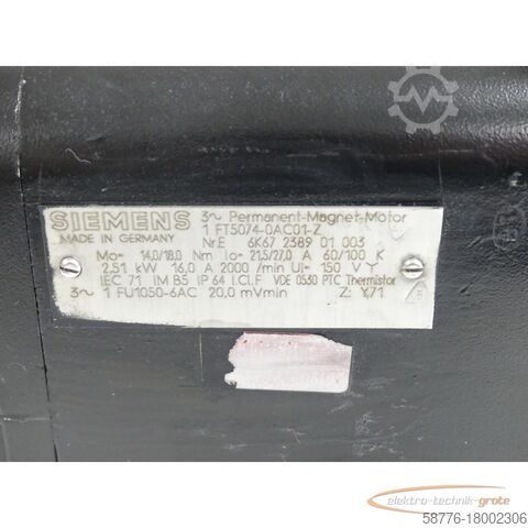 Κινητήρας Siemens Siemens 1FT5074-0AC01 - Z Permanent Magnet Motor SN:E6K67238901003