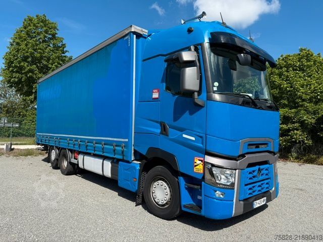 Camión plataforma con toldo RENAULT T480 High / Retarder / Bycool / Anhänger vorhand