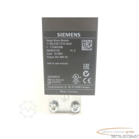 Siemens komponent Siemens 6SL3120-1TE15-0AA4 Single Motor Module Version: B SN:T-FO6013590