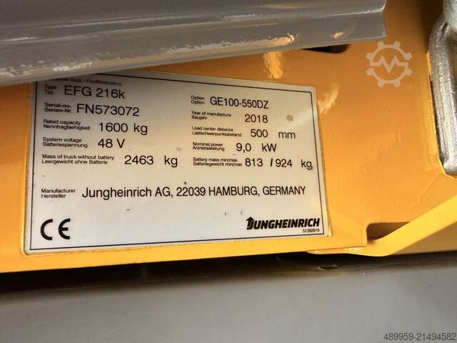 Carretilla eléctrica de 3 ruedas Jungheinrich EFG 216k