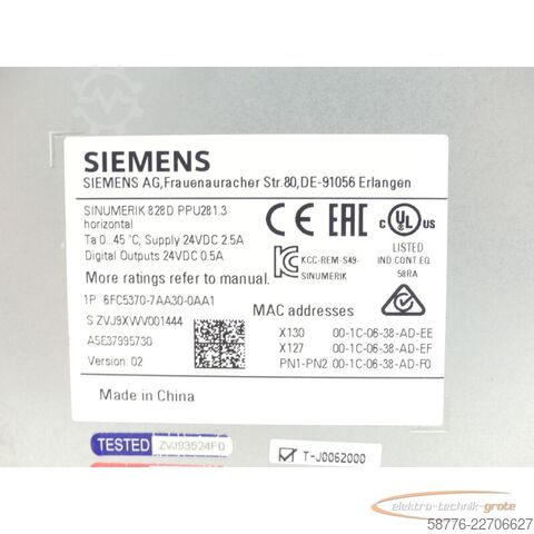 コンポーネント Siemens 6FC5370-7AA30-0AA1 SINUMERIK 828D PPU28 1.3 Version 02 SN ZVJ9XWV001444