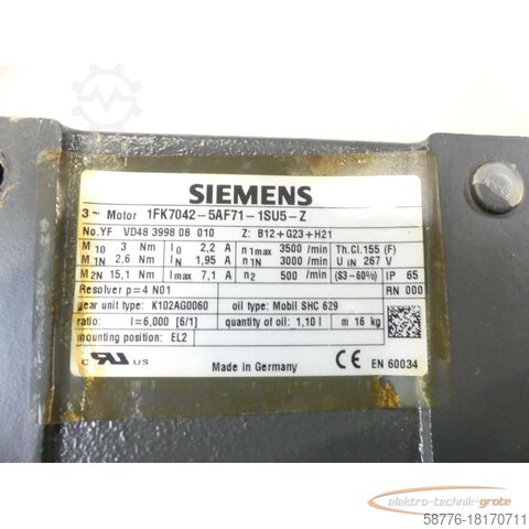 Siemens Motor Siemens 1FK7042-5AF71-1SU5 - Z Servomotor SN: YFVD48399808010