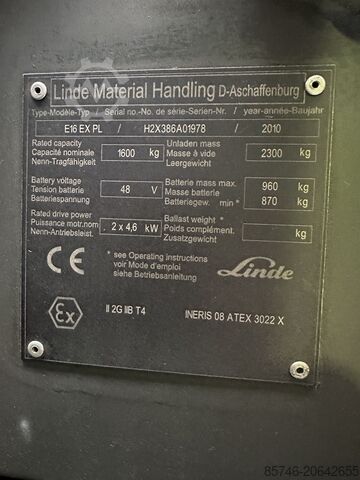 E 16 PL - 386 - Atex Proplan EX 2G / Zona 1 !! ¡¡Batería NUEVA!! LINDE E 16 PL - 386  - Atex Proplan EX 2G / Zone 1 !! NEW battery !!