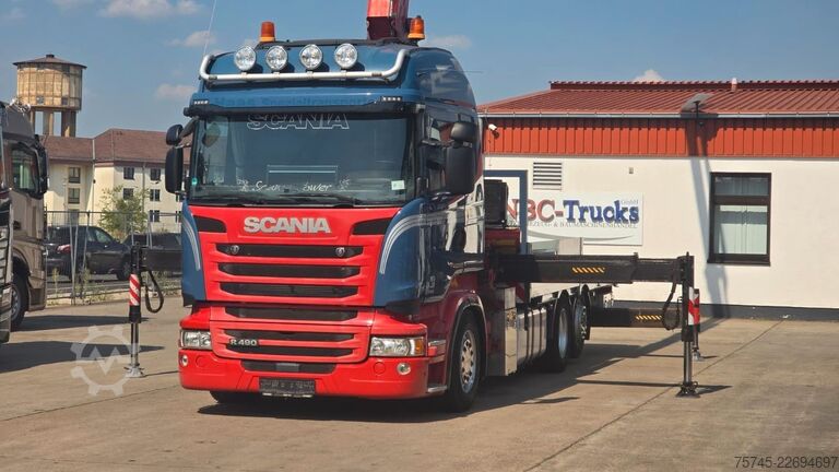 Camión de plataforma SCANIA R 490 * RETARDER * FASSI 14 M * LENK/LIFTACHSE *