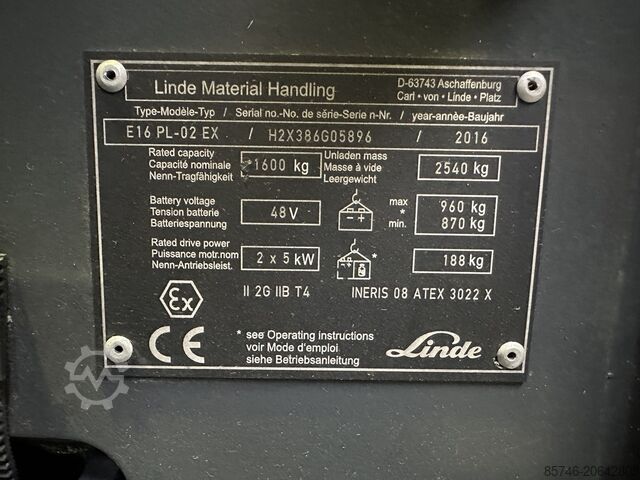 E 16 PL - 386 / 02 Evo - Atex EX Proplan 2G / 区域1 !! 新电池 !! LINDE E 16 PL - 386 / 02 Evo - Atex EX Proplan 2G / Zone 1 !! NEW battery !!