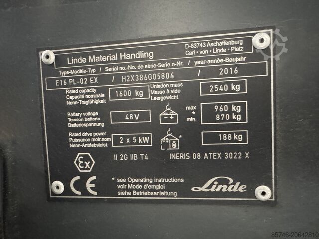E 16 PL - 386 / 02 Evo - Atex EX Proplan 2G / 区域1 !! 新电池 !! LINDE E 16 PL - 386 / 02 Evo - Atex EX Proplan 2G / Zone 1 !! NEW battery !!