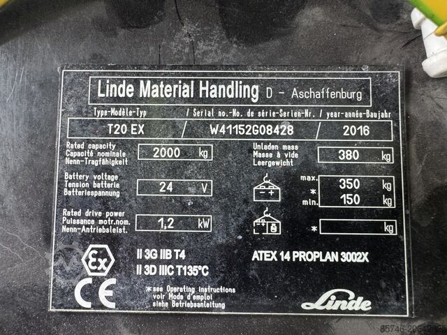 T 20 * 演示 !! Atex Proplan EX 3GD / 区域2 & 22 !! 可倾叉车 !! 全新电池 !! LINDE T 20 * DEMO !! Atex Proplan EX 3GD / Zone 2 & 22 !! Tilting Forks !! NEW battery !!