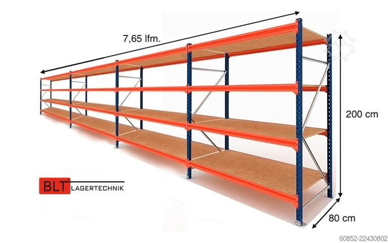 Skladovací regál so širokým rozpätím ca. 7,65 lfm. Weitspannregale H: 200 cm T: 80 cm , 400 kg Fachlast , 4 Ebenen