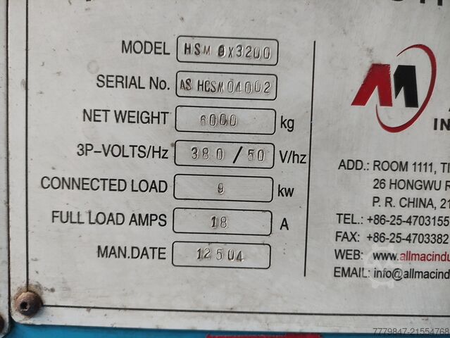 Hydrauliska giljotinsaxar ALLMAC industries 8 X 3200 MM