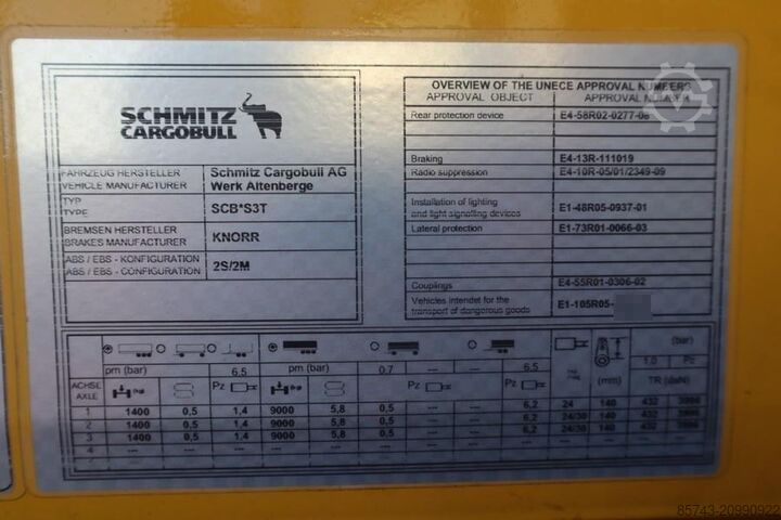 Teloni scorrevoli Schmitz Cargobull SCB3ST CoC Documents, TuV Loading Certificate, Dut