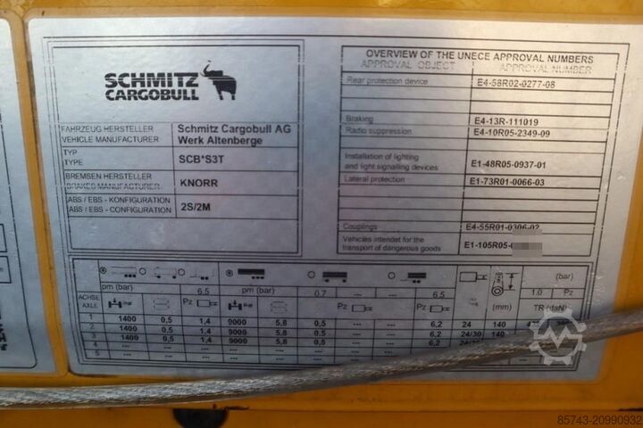 Teloni scorrevoli Schmitz Cargobull SCB3ST CoC Documents, TuV Loading Certificate, Dut