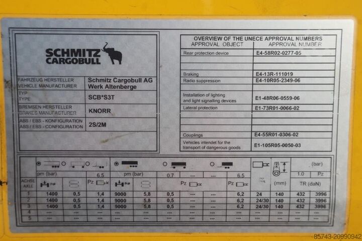 Teloni scorrevoli Schmitz Cargobull SCB3ST CoC Documents, TuV Loading Certificate, Dut