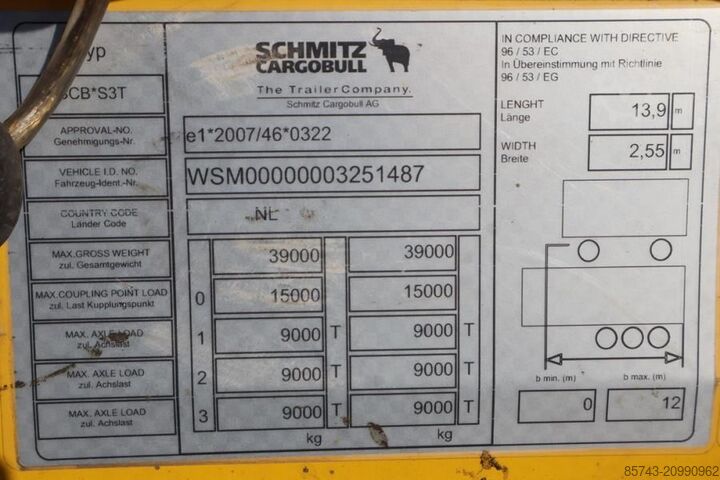 Teloni scorrevoli Schmitz Cargobull SCB3ST CoC Documents, TuV Loading Certificate, Dut