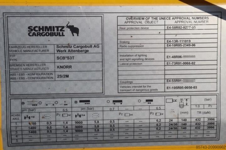 Teloni scorrevoli Schmitz Cargobull SCB3ST CoC Documents, TuV Loading Certificate, Dut