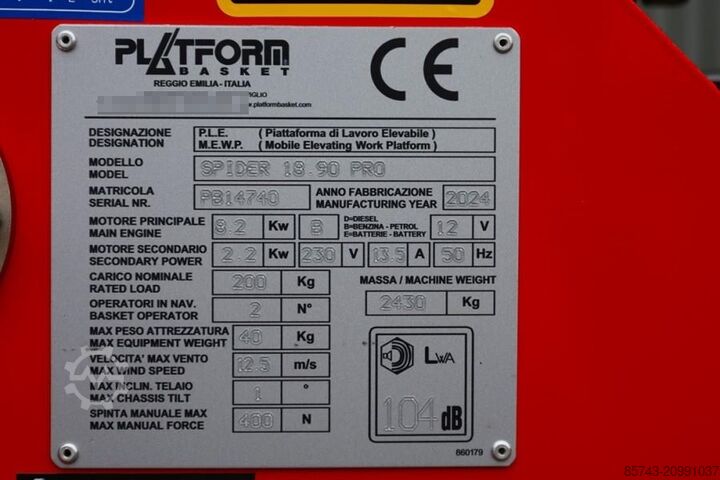 Nivelletty teleskooppinen työtaso Platform Basket Spider 18.90 PRO CE Declaration, Valid inspection,
