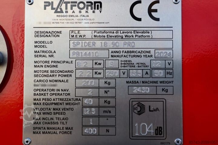 Nivelletty teleskooppinen työtaso Platform Basket Spider 18.90 PRO CE Declaration, Valid inspection,