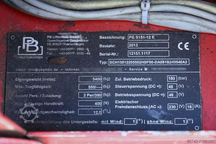  PB Lifttechnik S151-12E Electric, 15m Working Height, 550kg Capac