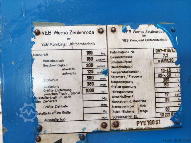 Hydraulic single column press ZEULENRODA PYE 160 S1