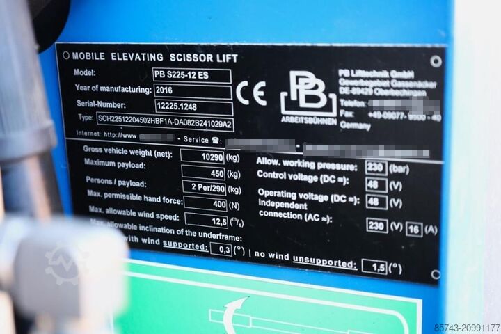 Ножичен асансьор PB Lifttechnik S225-12ES Electric, 22.5m Working Height, 450kg Ca