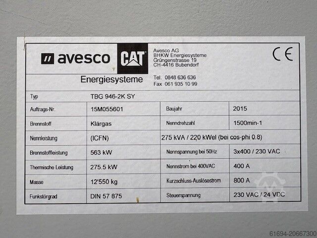 Planta de cogeneración de gas (CHP) biogás Avesco IWK BHKW TBG 946